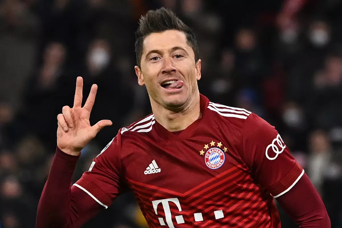 Bayern Munich - RB Salzburg, Round of 16, second leg at Allianz Arena. Munich's Robert Lewandowski celebrates his goal for 3:0
