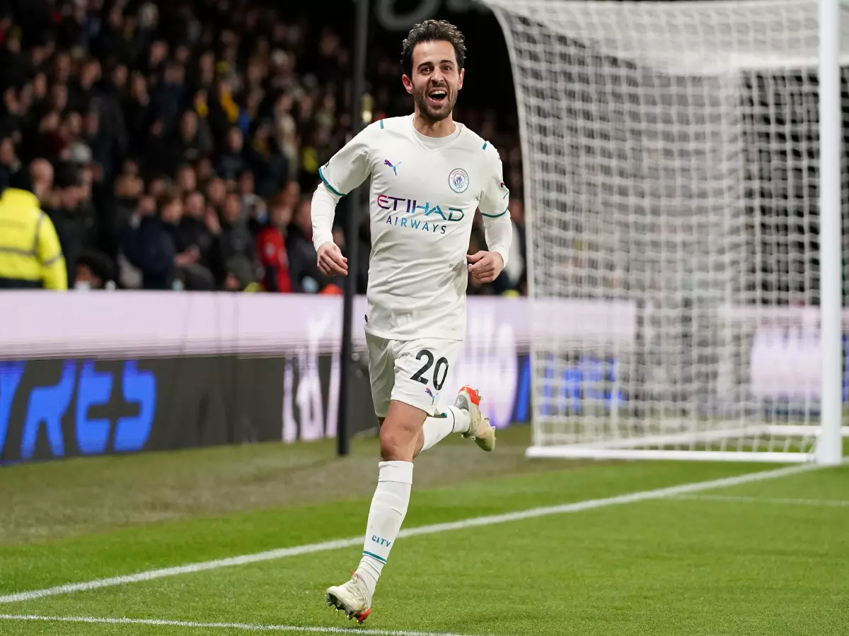 Bernardo Silva celebrates scoring against Watford, dec2021