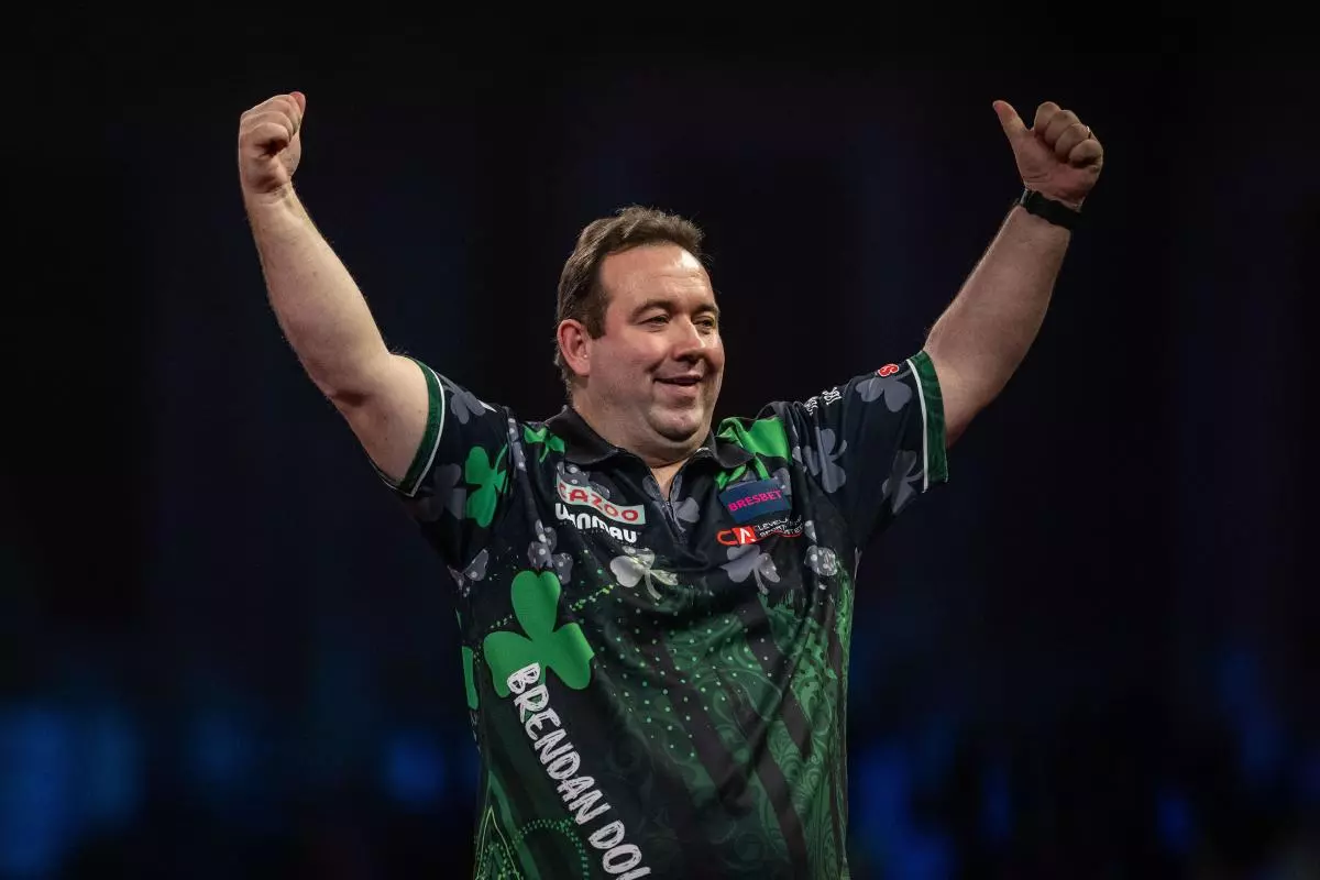 Brendan Dolan reacting during day ten of the Cazoo World Darts Championship at Alexandra Palace - Dec 2022
