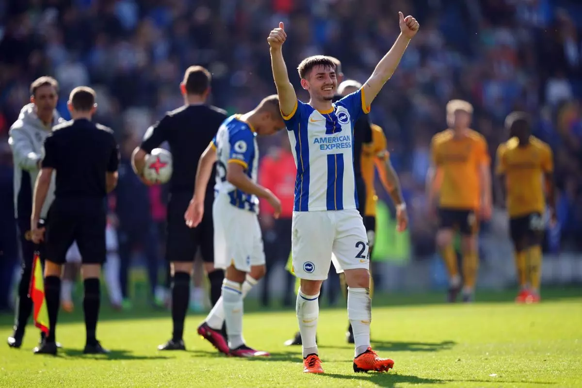 Brighton and Hove Albion's Billy Gilmour celebrates at the final whistle following the Premier League match - April 2023