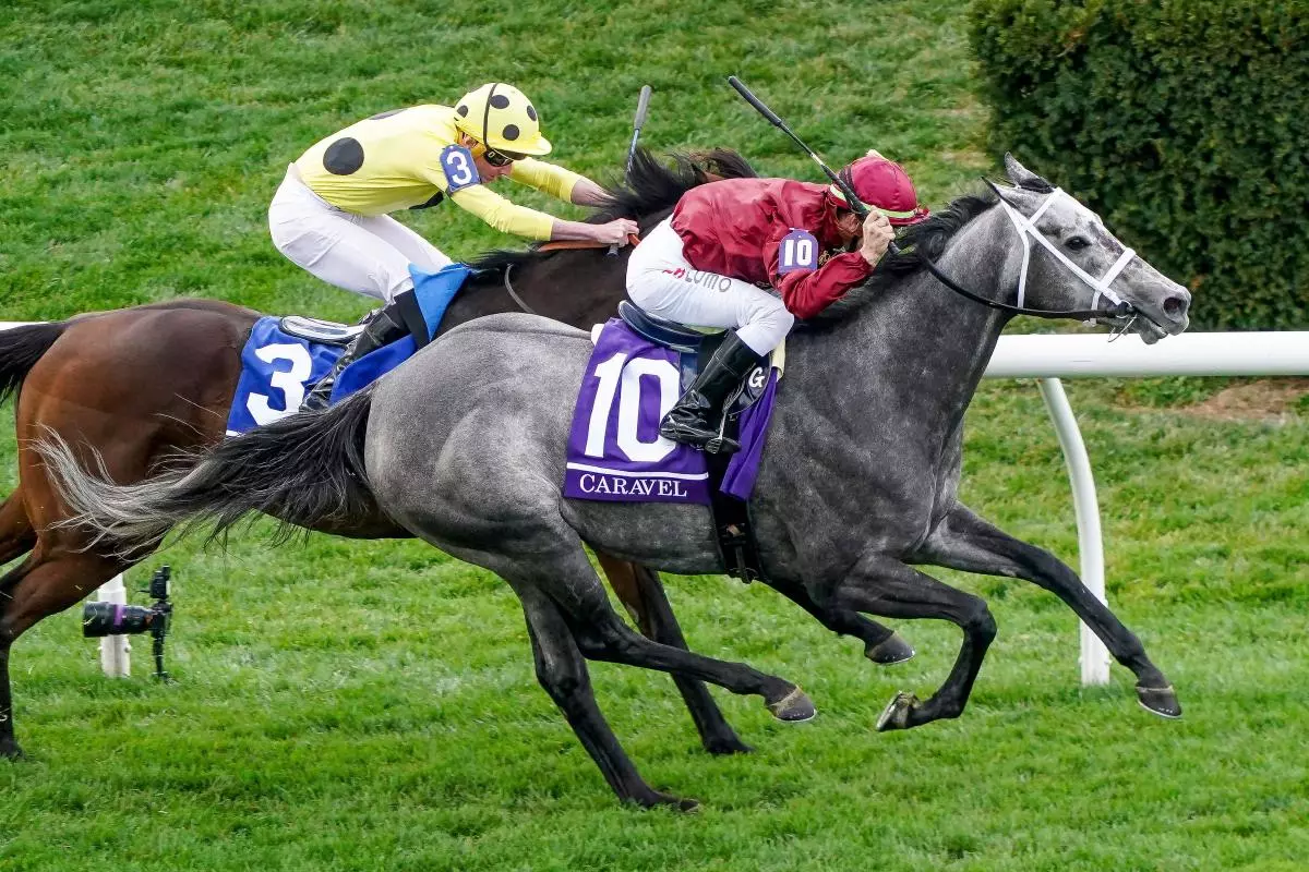 Caravel ridden by Tyler Gaffalione wins the Breeders' Cup Turf Sprint at Keeneland