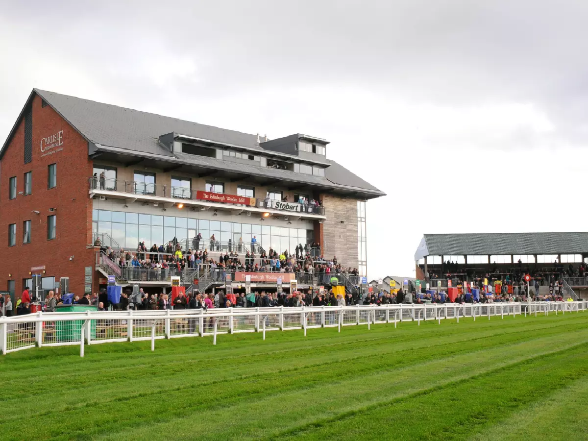 A wider general view of the grandstand and part of the course at Carlisle Racecourse, October 2011