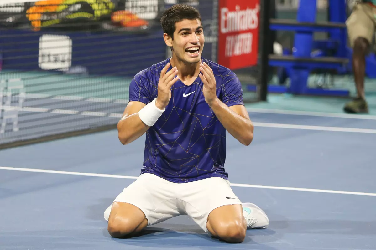 Carlos Alcaraz (ESP) reacts after winning his men's singles quarterfinals match at the Miami Open