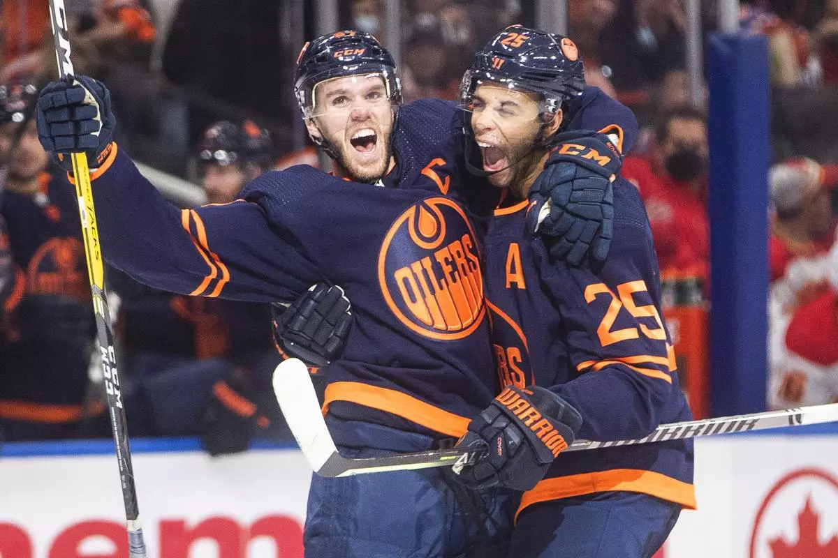 Connor McDavid and Darnel Nurse of the Edmonton Oilers
