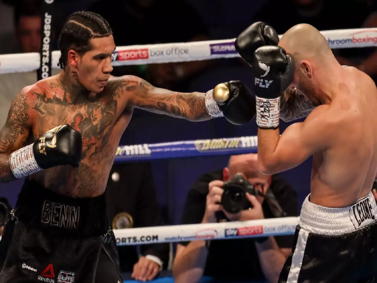 Conor Benn (left) during his WBA Continental Welterweight title bout with Steve Jamoye (right) at the O2 Arena, London.