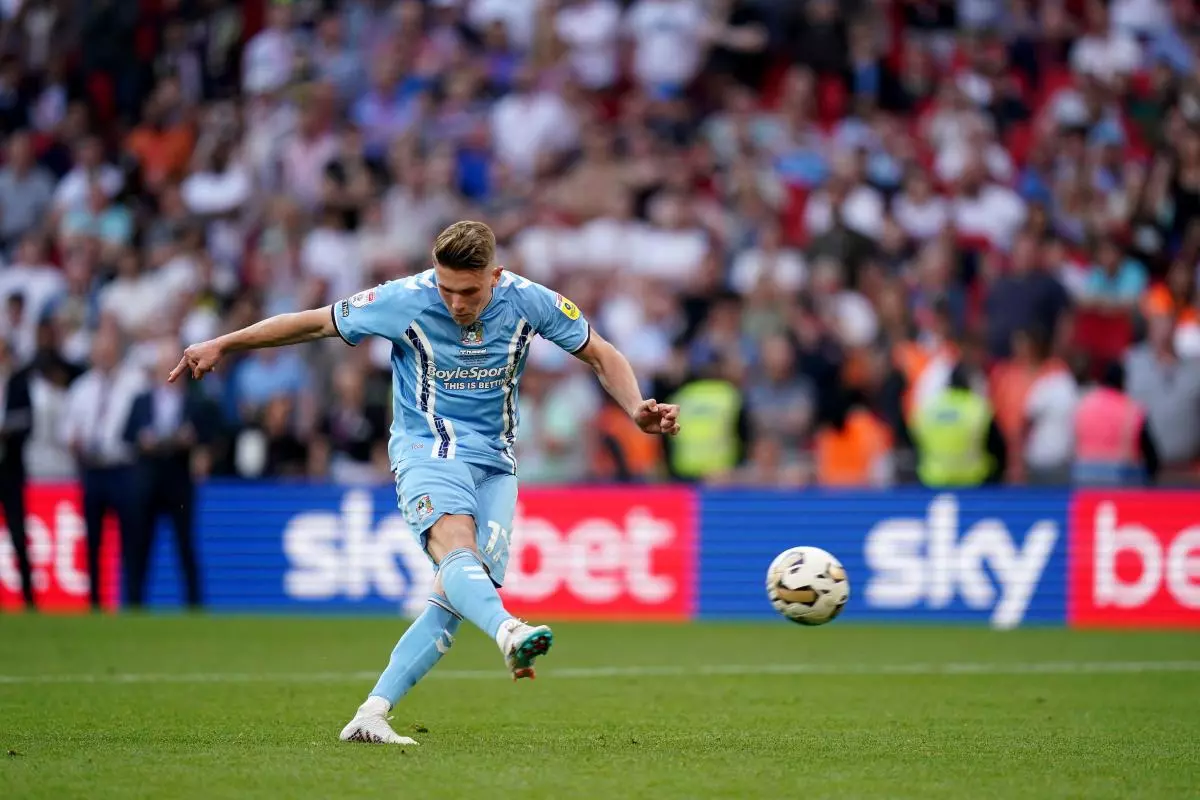 Coventry City's Viktor Gyokeres scores his sides second goal in the penalty shoot out during the Sky Bet Championship play-off final at Wembley Stadium - May 2023
