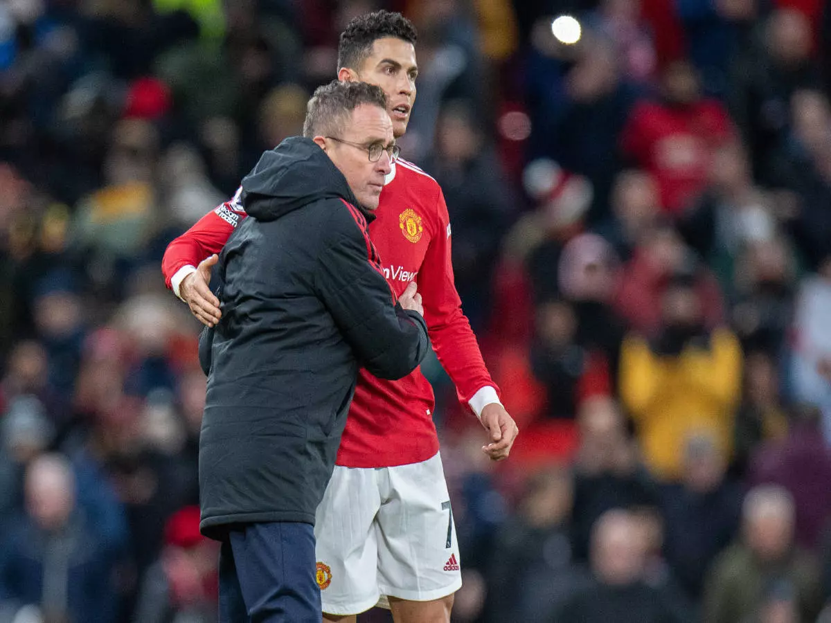 Cristiano Ronaldo and Ralf Rangnick embrace at Old Trafford