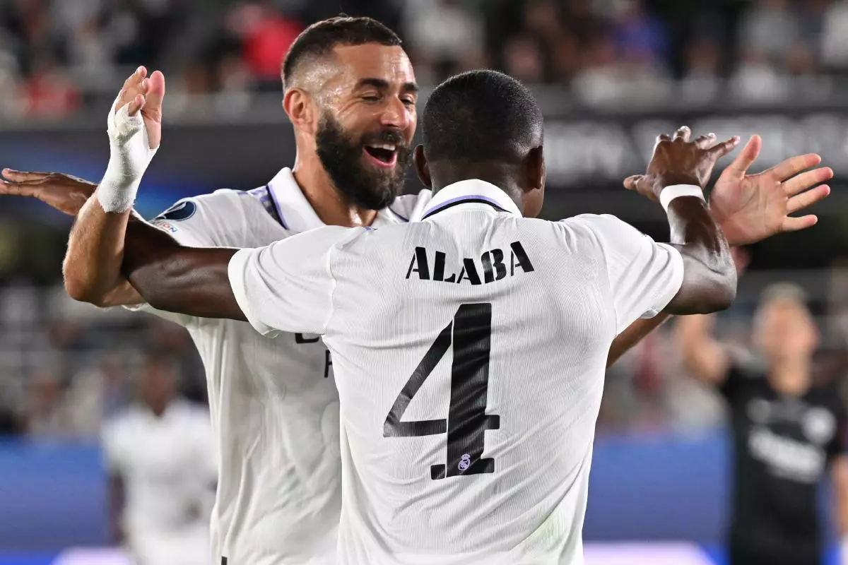 David Alaba celebrates with Karim Benzema Super Cup win