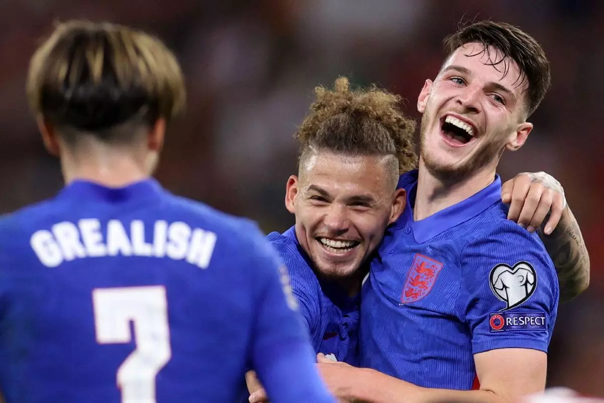 Declan Rice celebrates for scoring for England against Hungary