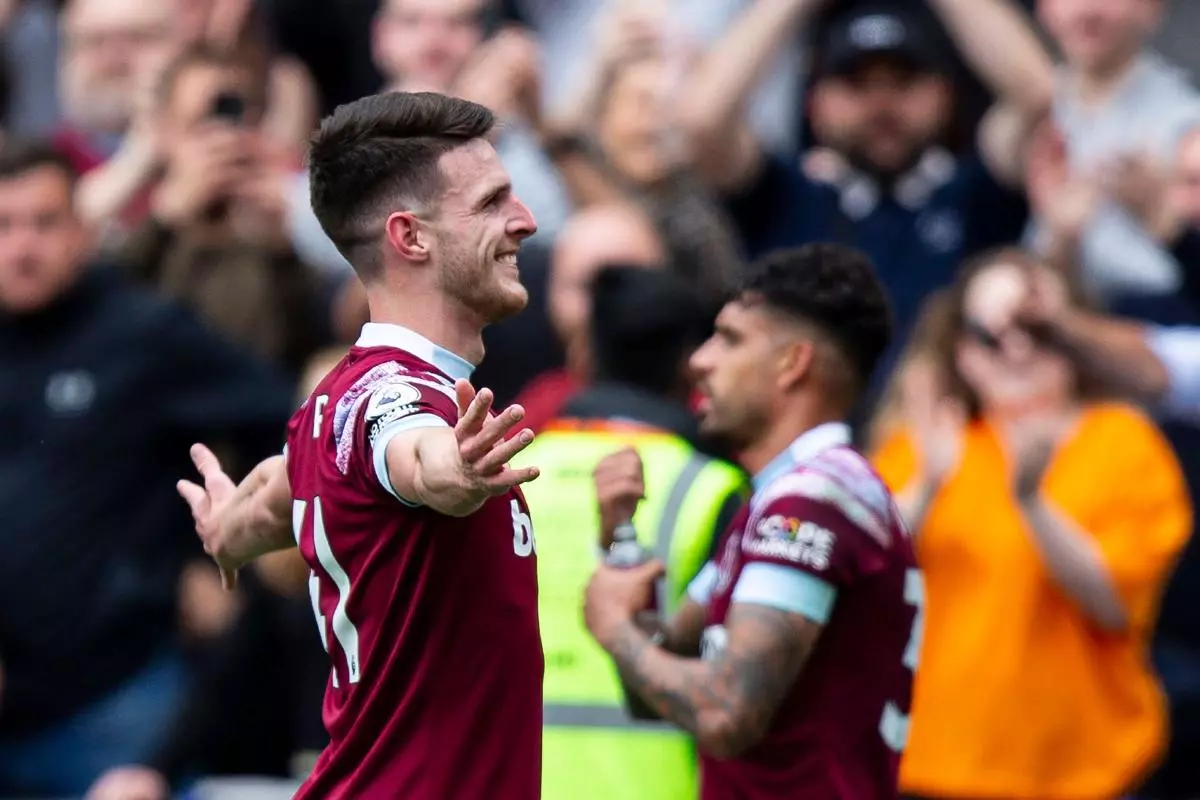 Declan Rice of West Ham United celebrates after scoring his sides first goal against Leeds United - May 2023