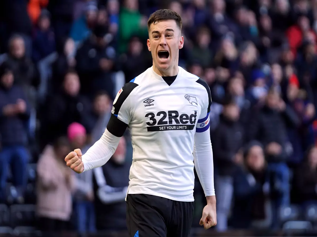 Derby County's Tom Lawrence celebrates scoring their side's third goal of the game from the penalty spot during the Sky Bet Championship match at Pride Park Stadium, Derby