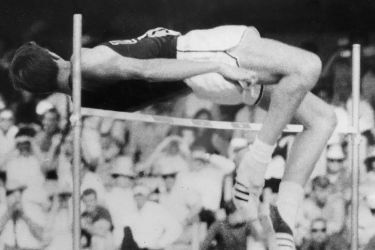 Dick Fosbury (b1947) performing his famous 'fosbury flop' during the Mexico Olympics, 1968