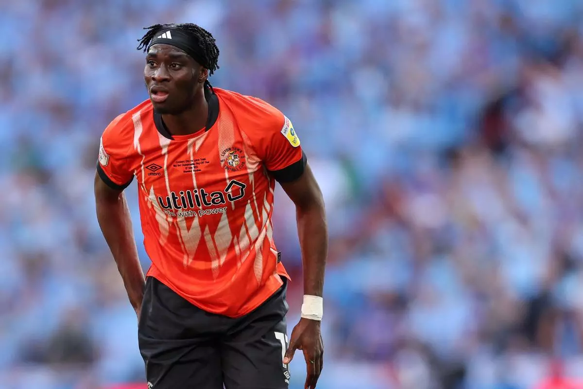 Elijah Adebayo of Luton Town during the Sky Bet Championship match at Wembley Stadium - May 2023