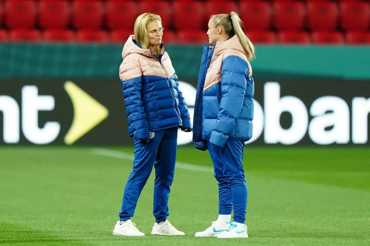 England head coach Sarina Wiegman (left) and Georgia Stanway walk the pitch at the Hindmarsh Stadium - July 2023