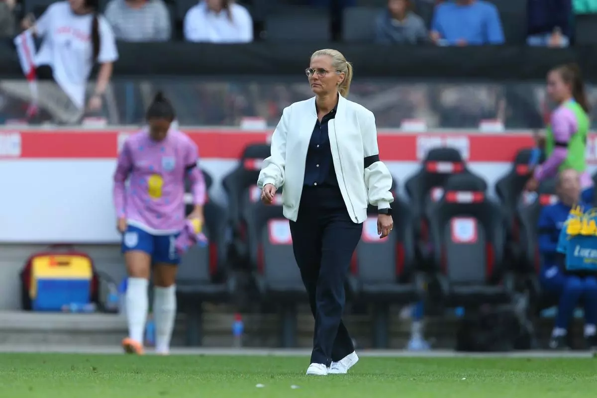 England manager Sarina Wiegman walks across the pitch after the final of the friendly against Portugal - June 2023