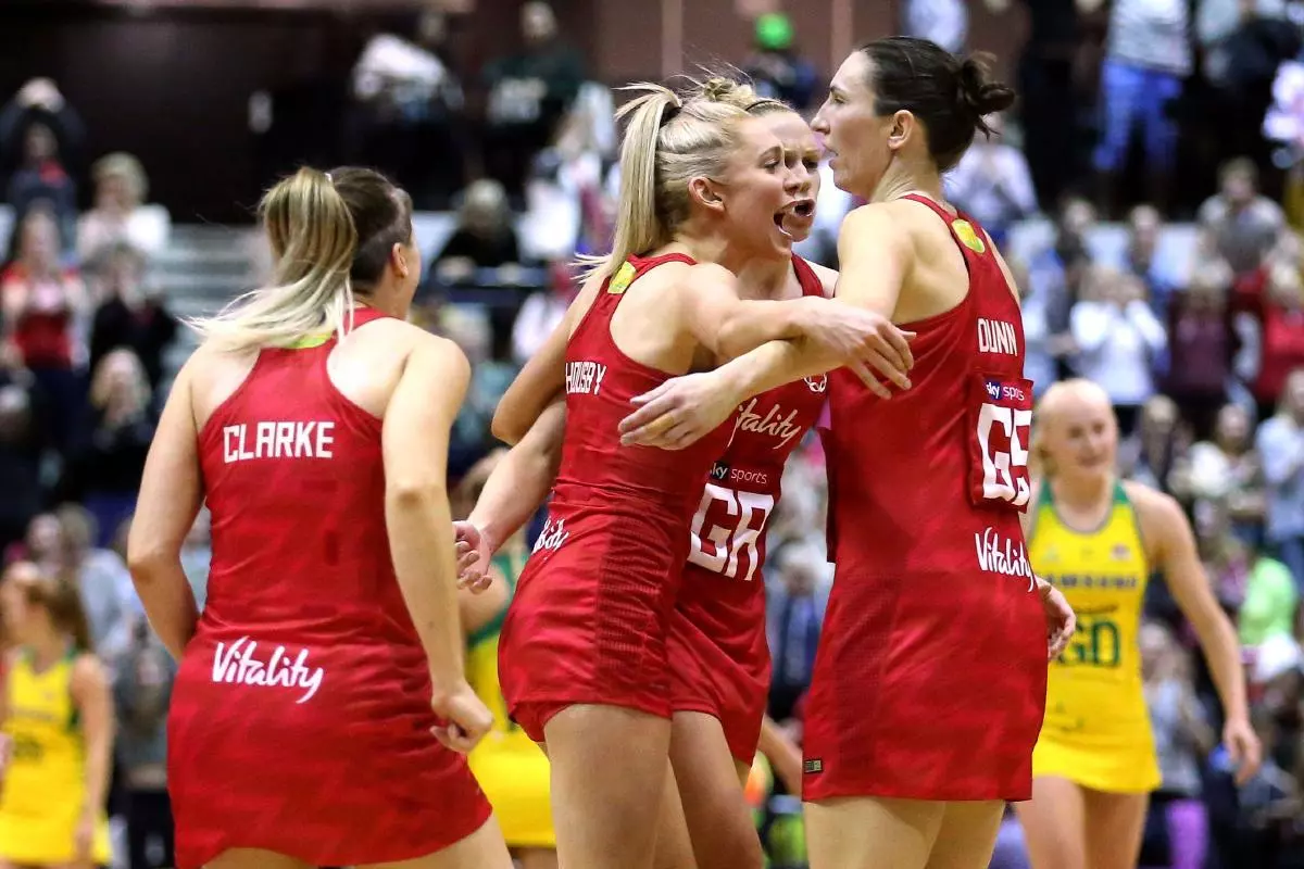 England Vitality Roses Jade Clarke (left) Helen Housby (second left), Jo Harten (second right) and Rachel Dunn (right) celebrate - Aug 2023