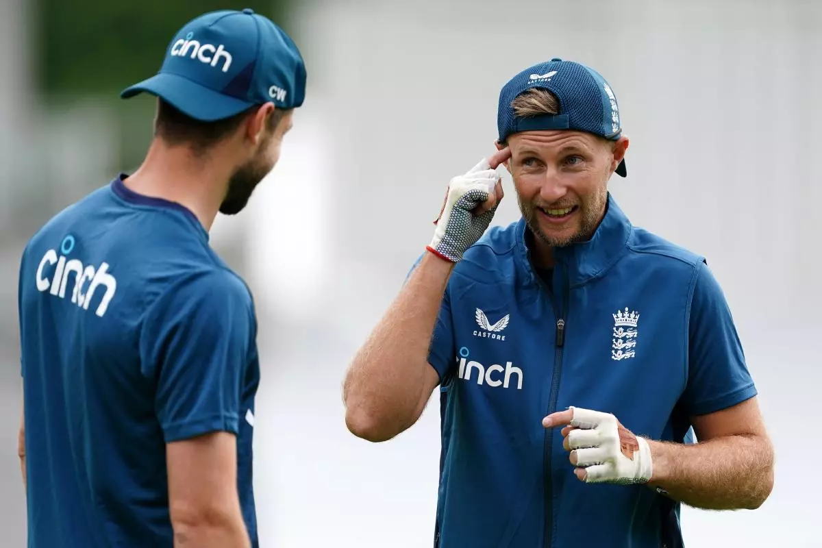 England's Chris Woakes and Joe Root during a nets session at Lord's Cricket Ground - June 2023