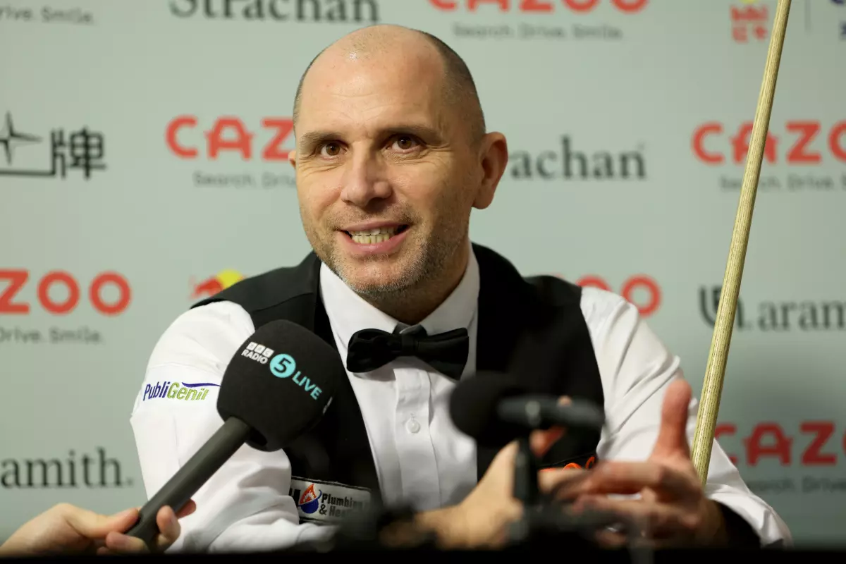 England’s Joe Perry seen during a post-match interview following his victory over Australia’s Neil Robertson
