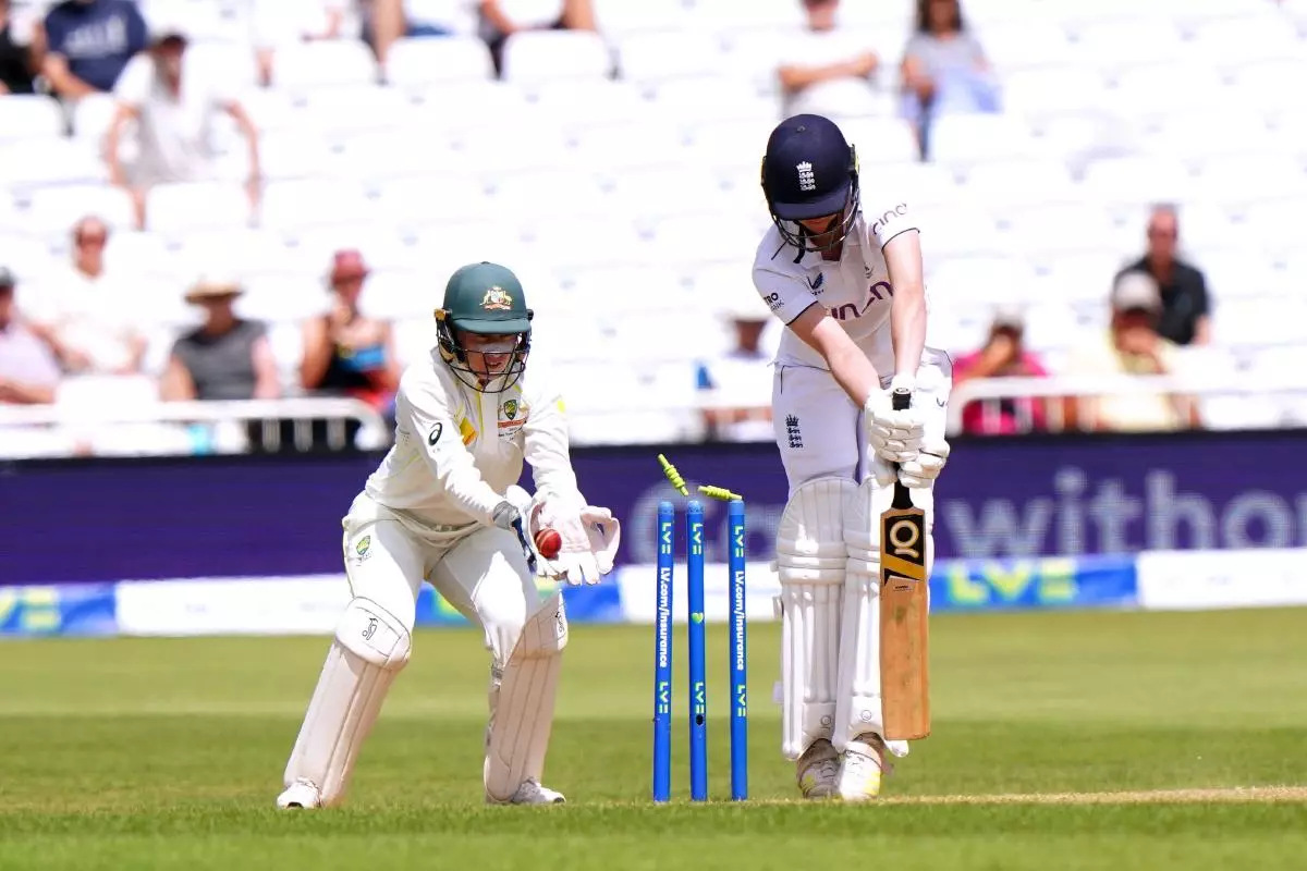 England's Lauren Filer is bowled by Australia's Ashleigh Gardner during day five of the first Women's Ashes Test - June 2023