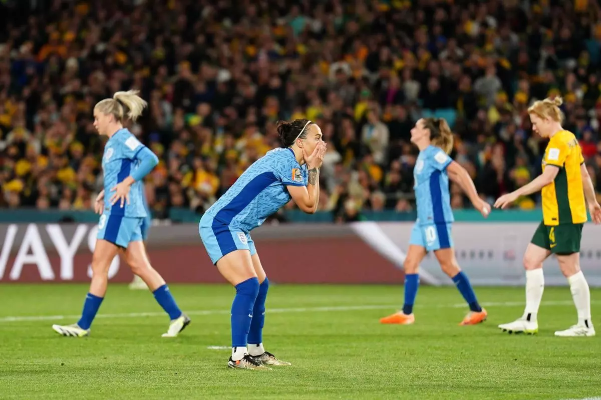 England's Lucy Bronze reacts after Alessia Russo goes close during the FIFA Women's World Cup semi-final - Aug 2023