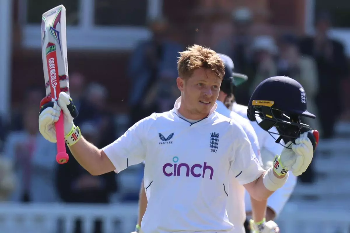 England's Ollie Pope celebrates his double century