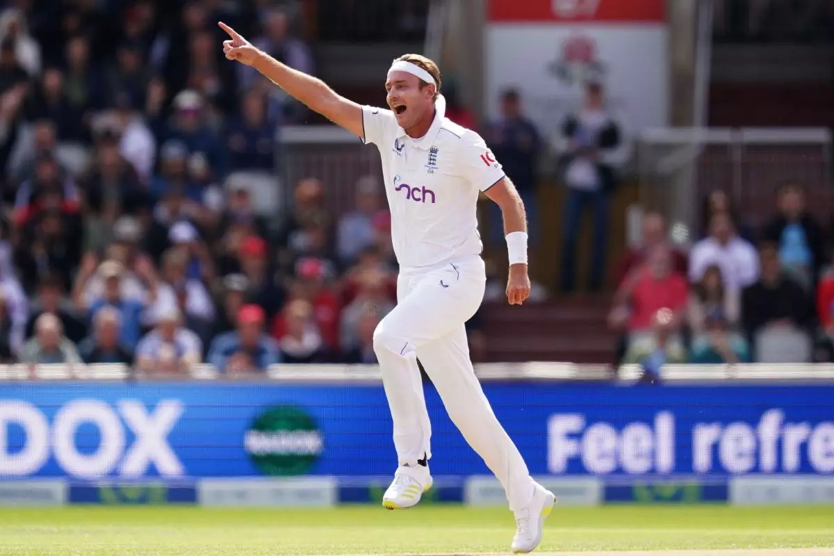 England's Stuart Broad celebrates taking the wicket of Australia's Usman Khawaja - July 2023