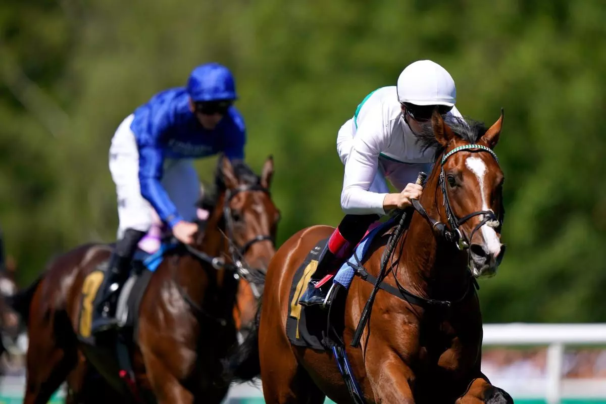 Epictetus ridden by jockey Martin Harley on their way to winning the Weatherbys British EBF Maiden Stakes - April 2023