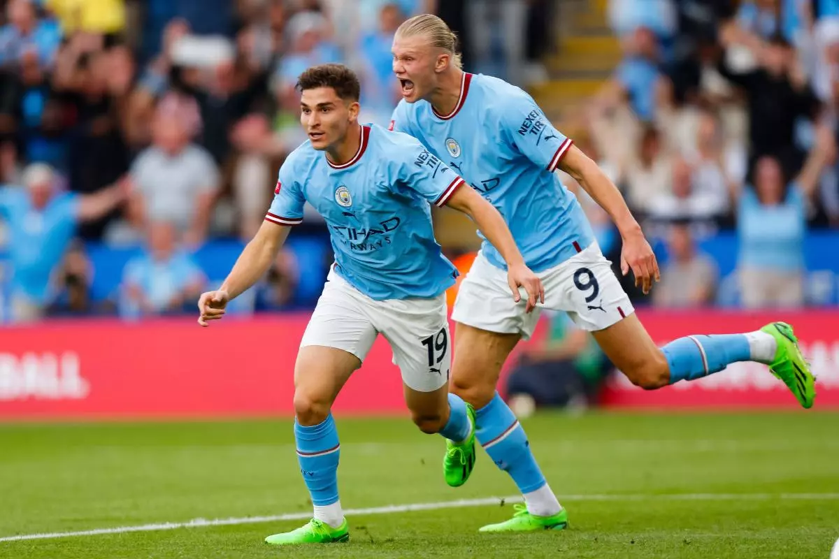 Erling Haaland and Julian Alvarez of Manchester City
