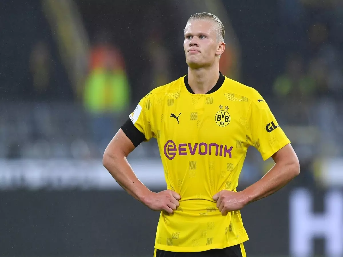 Erling Haaland stands in disappointment as Borussia Dortmund are defeated in the 2021 Super Cup by Bayern Munich