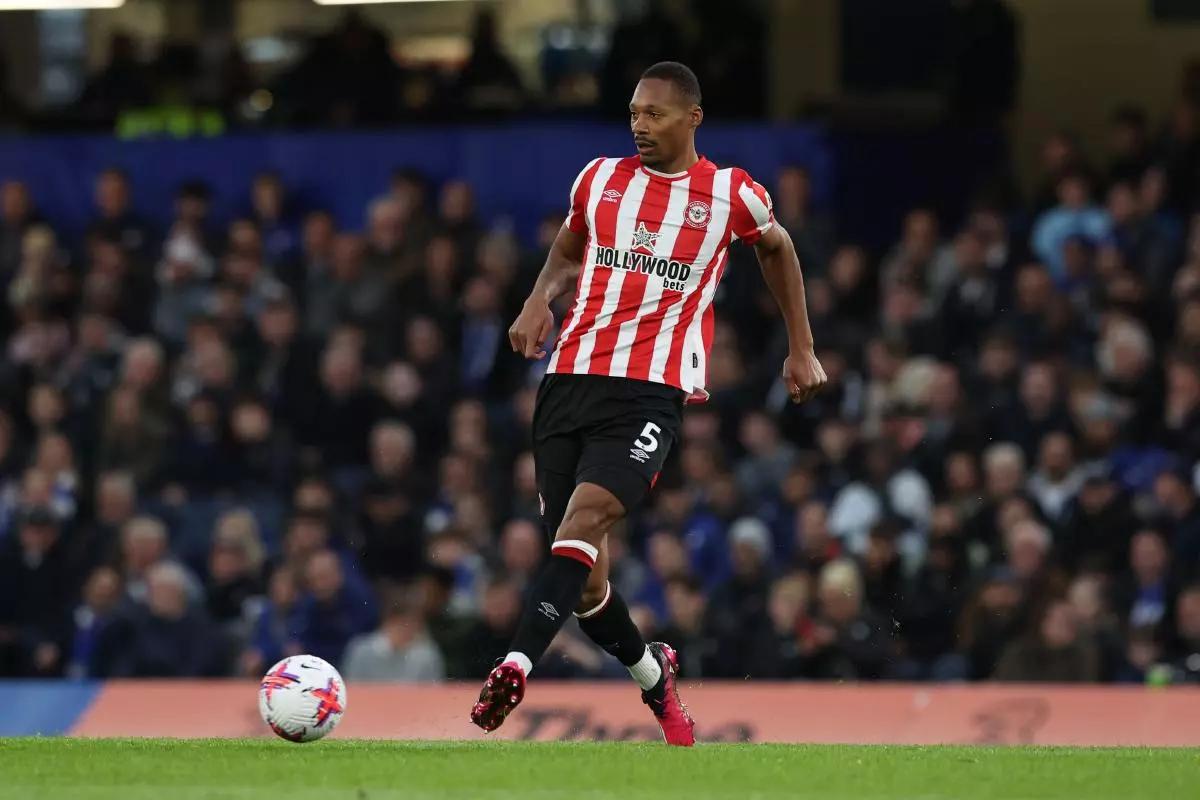 Ethan Pinnock of Brentford playing against Chelsea in the Premier League - April 2023