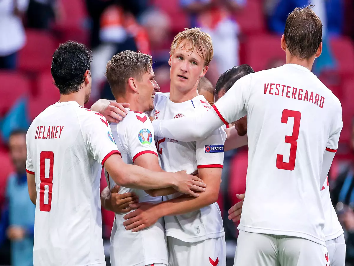 Denmark's Kasper Dolberg (centre) celebrates scoring their side's second goal of the game during the UEFA Euro 2020 round of 16 match held at the Johan Cruijff ArenA in Amsterdam, Netherlands