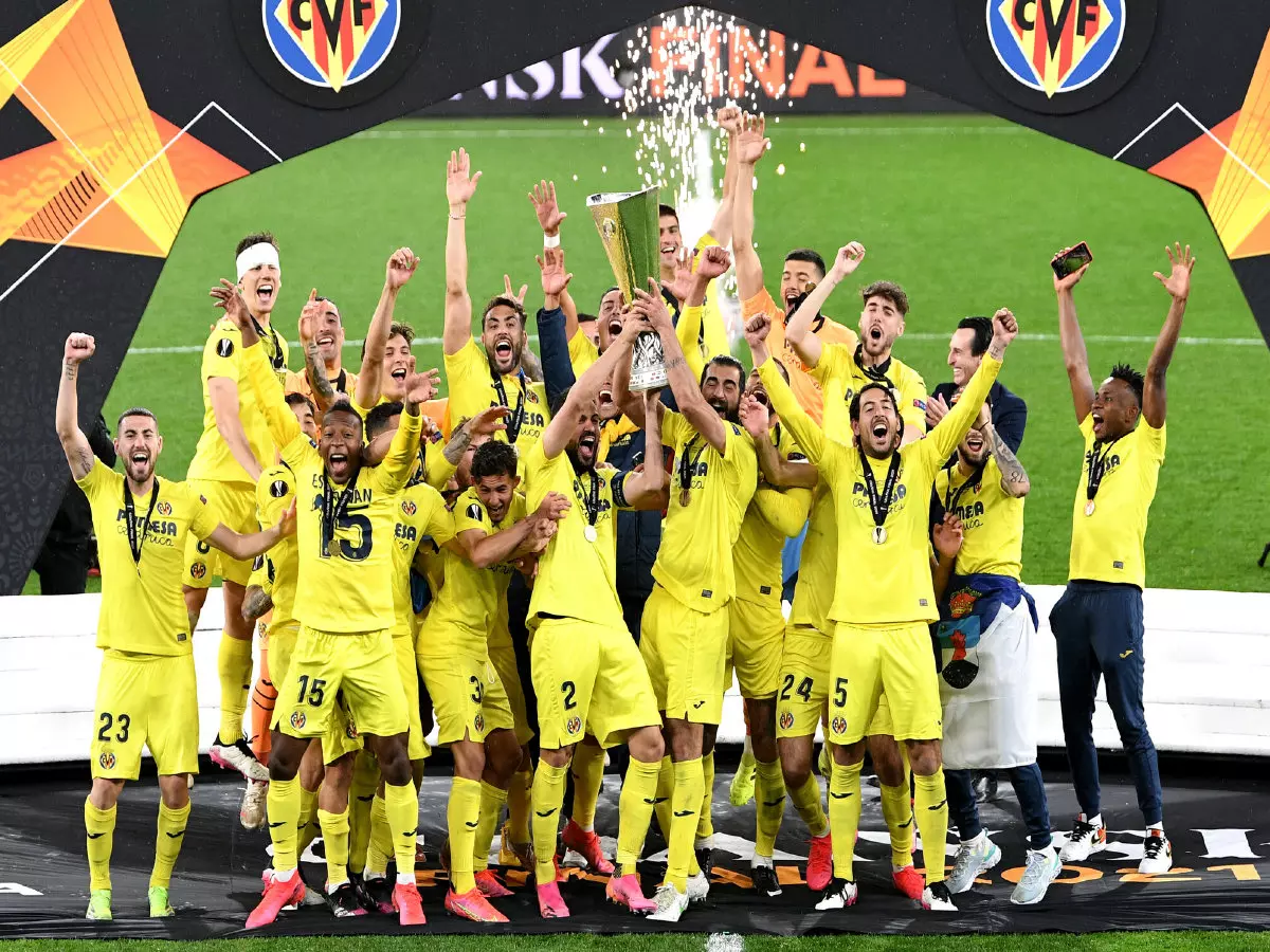 Villarreal celebrate winning the UEFA Europa League final, at Gdansk Stadium, Poland.