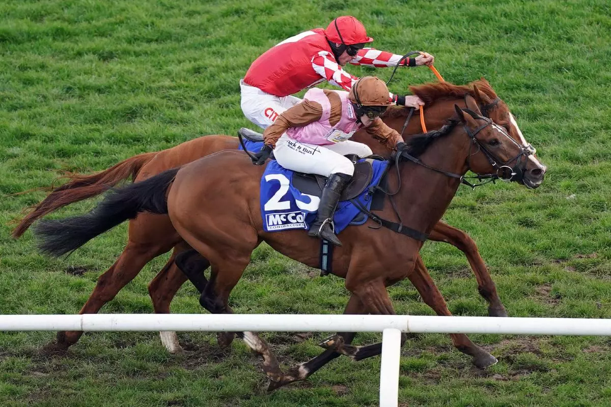 Faivoir ridden by Bridget Andrews (23) on their way to winning the McCoy Contractors County Handicap Hurdle