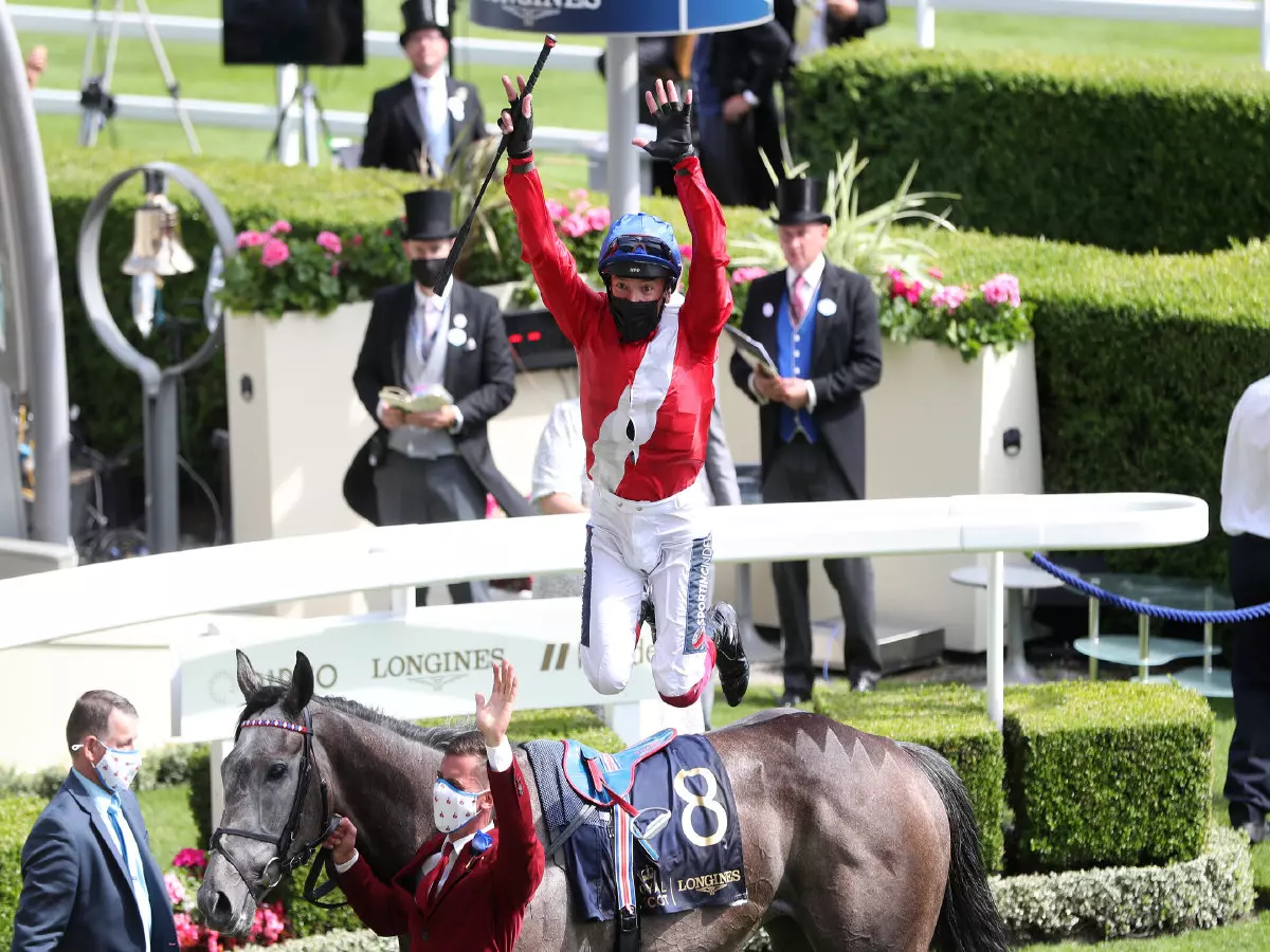 Frankie Dettori leaps from Indie Angel at Royal Ascot