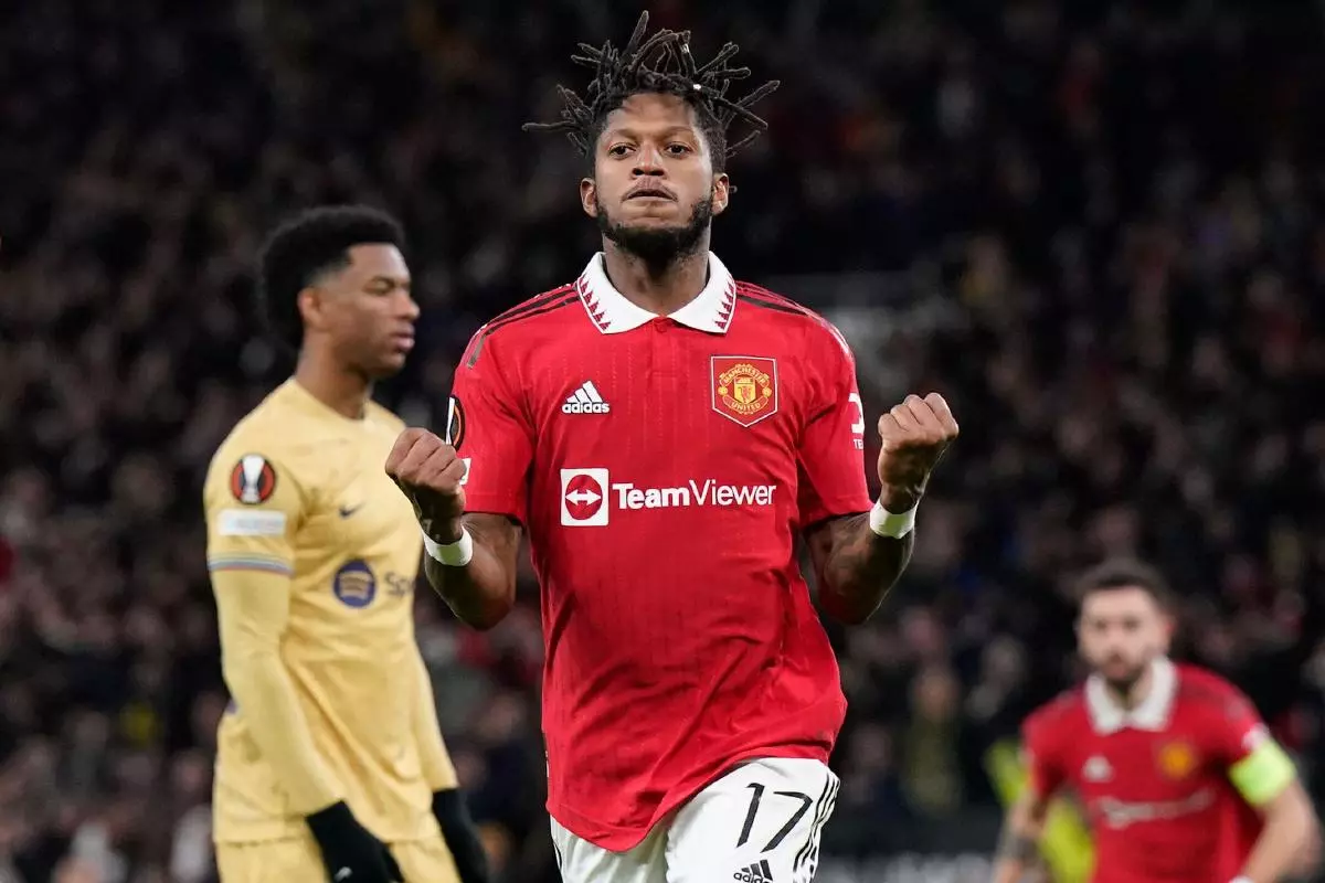 Fred of Manchester United celebrates scoring the equalising goal