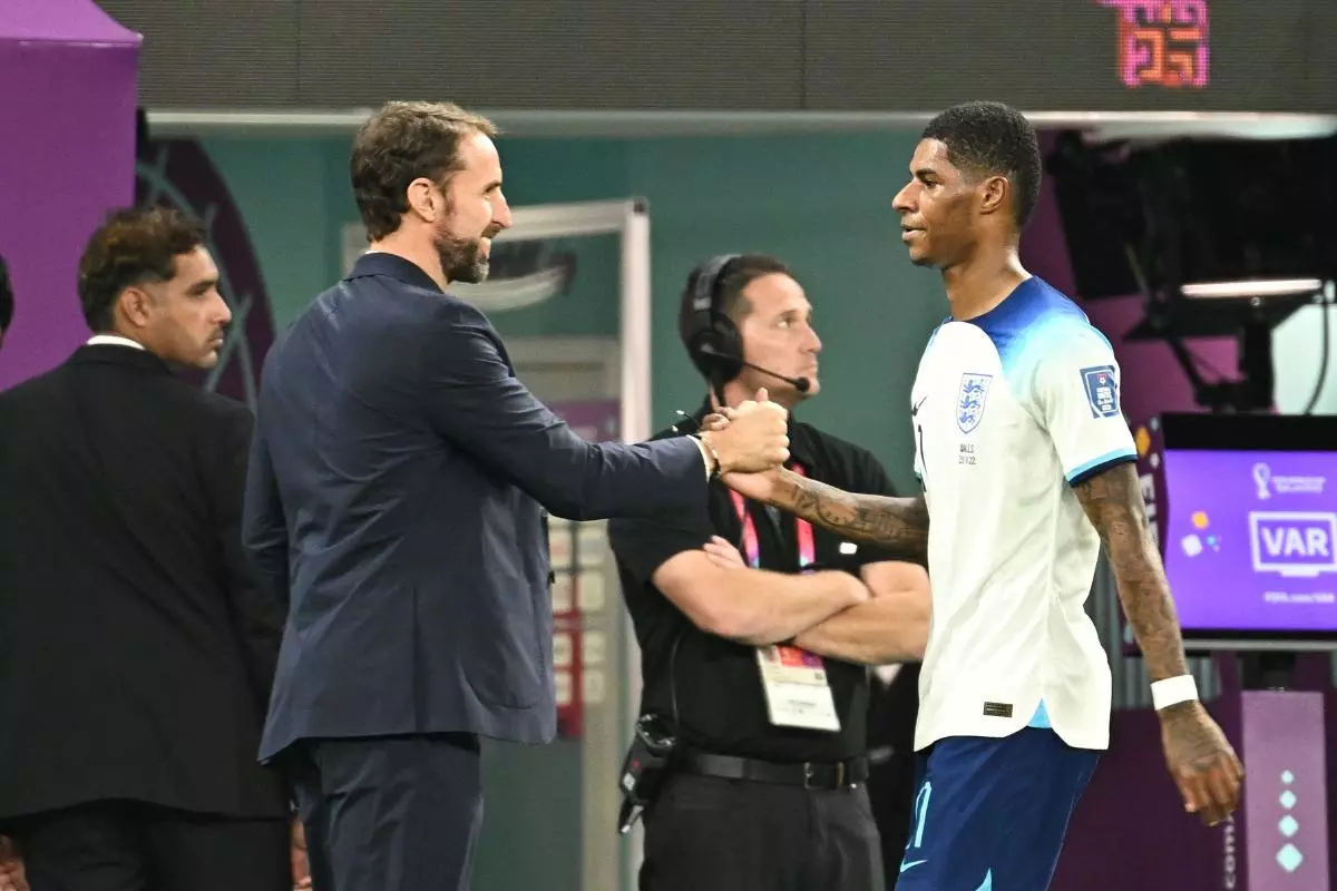 Gareth Southgate and Marcus Rashford of England during Wales v England match of the Fifa World Cup Qatar 2022