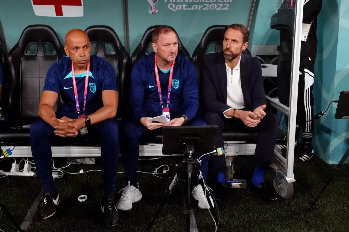 Gareth Southgate with assistant Steve Holland (centre) and coach Paul Nevin (left)