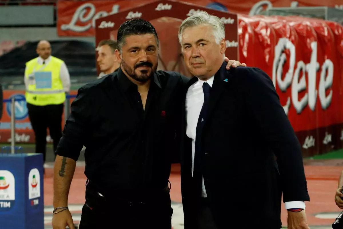 Former AC Milan coach Gennaro Gattuso with former Napoli coach Carlo Ancelotti