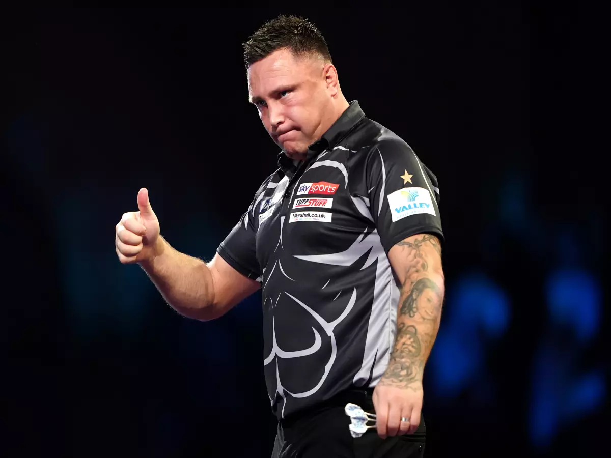 Gerwyn Price during his match against Dirk van Duijvenbode on day twelve of the William Hill World Darts Championship at Alexandra Palace, London. Picture date: Wednesday December 29, 2021.