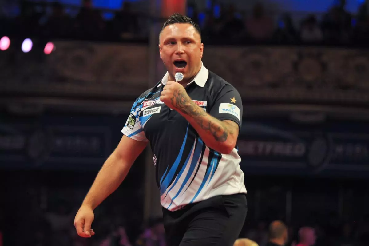 Gerwyn Price of Wales during Day 1 of the 2023 Betfred World Matchplay at the Winter Gardens - July 2023