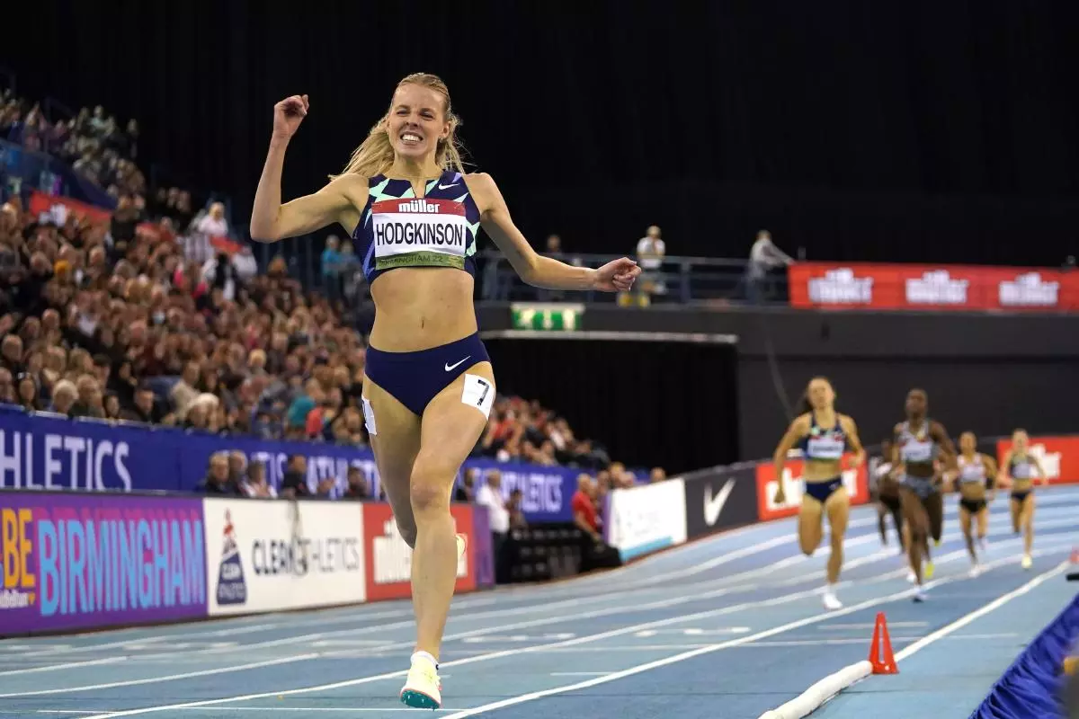 Great Britain's Keely Hodgkinson celebrates winning the Women's 800m final during the Muller Indoor Grand Prix Birmingham at the Utilita Arena
