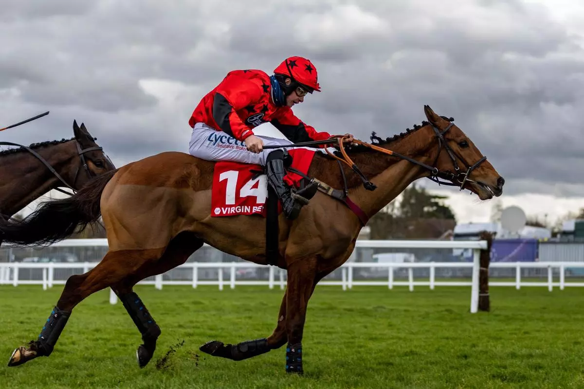 Green Book ridden by jockey Charlie Deutsch goes onto win the Virgin Bet Heroes Handicap Hurdle at Sandown Park