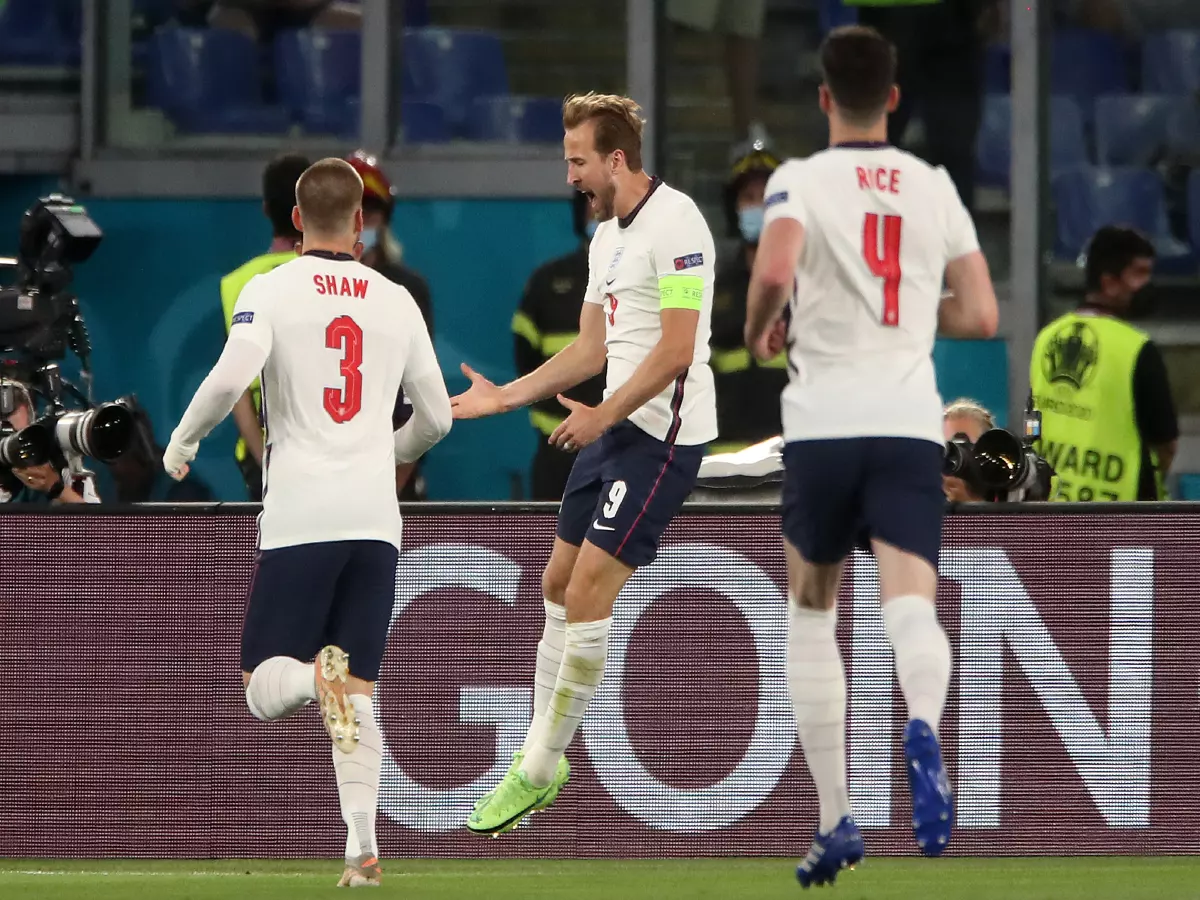 England's Harry Kane (centre) celebrates scoring their side's first goal of the game during the UEFA Euro 2020 Quarter Final match at the Stadio Olimpico, Rome.