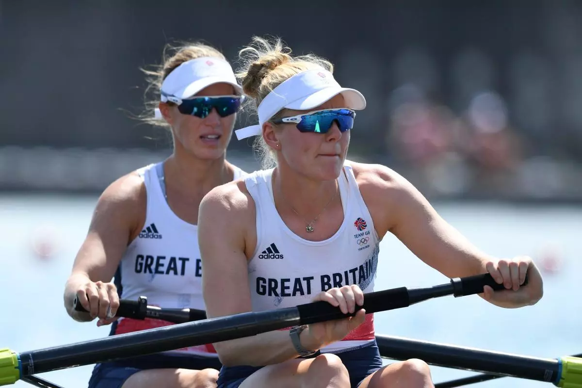 Helen Glover of Britain and Polly Swann of Britain in action at the Tokyo Olympics