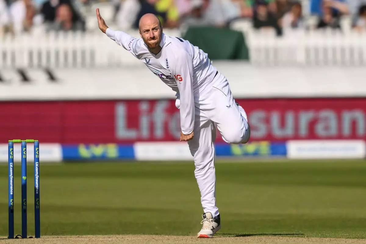 Jack Leach of England bowls during the LV= Insurance Test match Day 2 England vs Ireland at Lords - June 2023