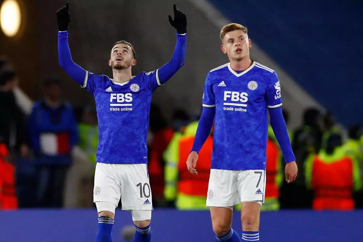 Leicester City's James Maddison celebrates scoring their second goal with Harvey Barnes