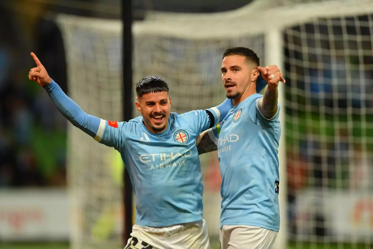 Jamie McClaren of Melbourne City celebrates an A-League goal 28 Apr 2023