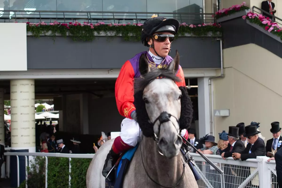Jockey Frankie Dettori rides for HM The King and HM The Queen on horse Saga at Royal Ascot - June 2023