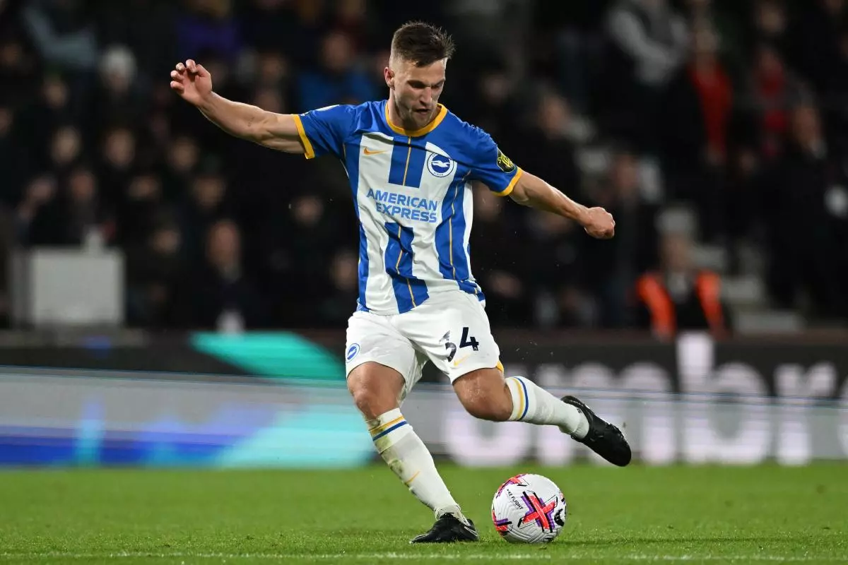 Joel Veltman of Brighton taking a shot in the Premier League - April 2023