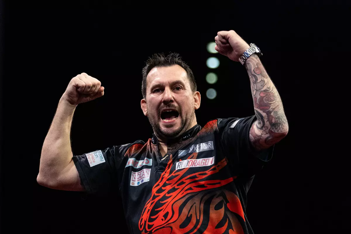 Jonny Clayton celebrates beating Peter Wright in Premier League Night Ten - April 2023
